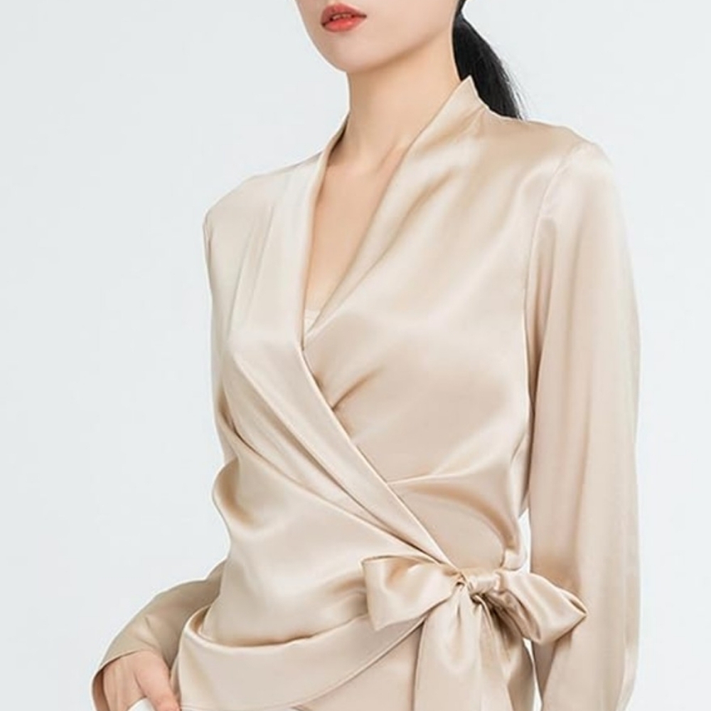 Love Tree Satin Wrap Blouse in Ivory Beige